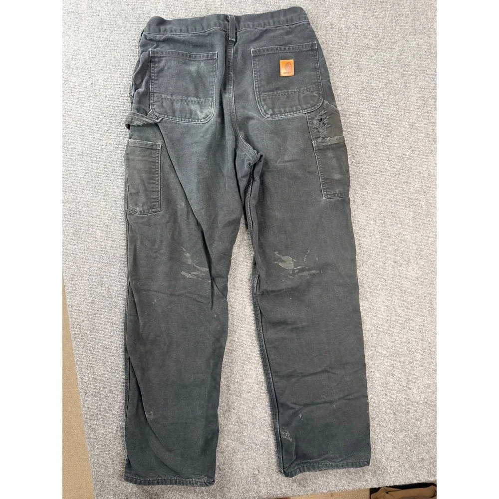 Carhartt B111-BLK Flannel Lined Black Duck Canvas Work Pants 30x34 Distress Men